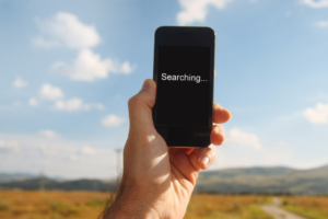 Mobile phone being held up in remote area to search for signal.