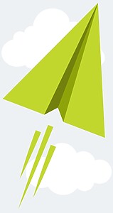 Green paper plane soaring upward into the clouds