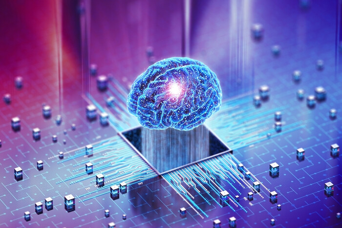 Electronic brain rising out of a circuit board.